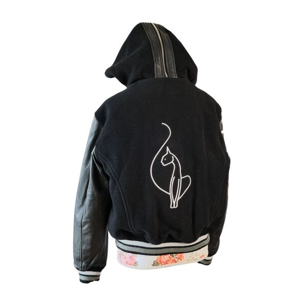 Baby Phat Sz L Vintage Y2k Bomber Jacket Hooded Spell Out Lamb Leather Sleeves - Picture 6 of 16